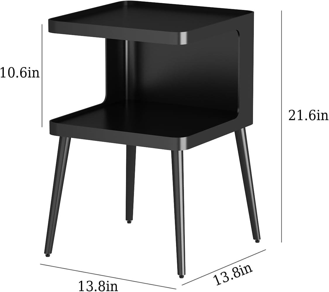 Black Modern Side Table, 2 Tier Small End Tables Bedroom, Metal Side Tables Living Room with 4 Legs, Black Nightstand Square Accent Table for Indoor Outdoor, Easy Assembly