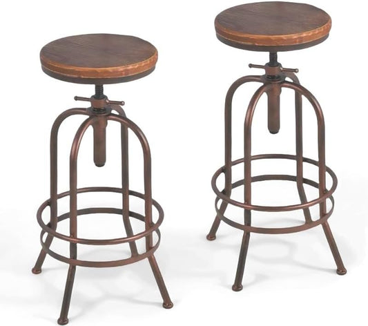 Set of 2 Industrial Bar Stool-Retro 26-32.3inch Swivel Stools-Extra Tall Kitchen Chair-Bar Counter Height Adjustable-Fully Welded (Copper 2PCS)
