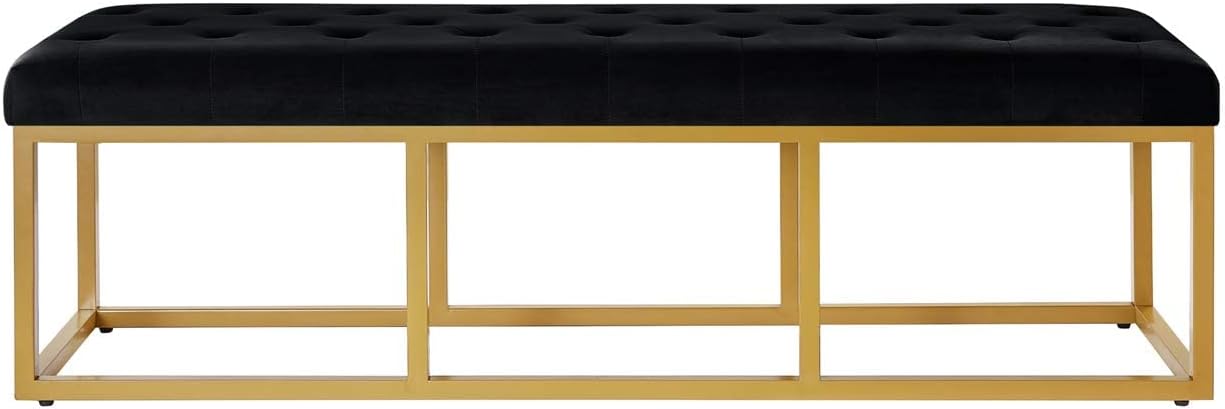 24KF Upholstered Tufted Long Bench with Golden Metal Leg, Black Velvet Bench with Padded Seat-Black