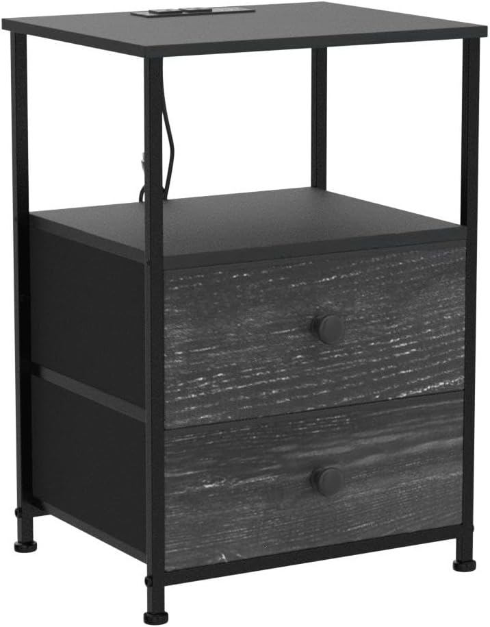Tohomeor End Table with Charging Station, LED Light, Fabric Drawers, and USB Ports - Charcoal
