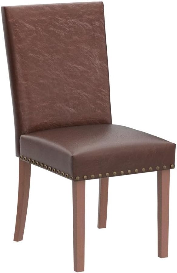 COLAMY Upholstered Parsons Dining Chairs Set of 2, PU Leather Dining Room Kitchen Side Chair with Nailhead Trim and Wood Legs - Light Brown