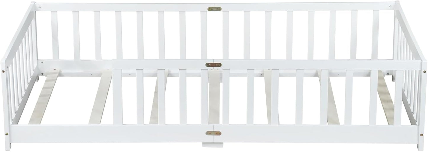 Bellemave Twin Floor Bed with Slats and Safety Guardrails, Kids Montessori Floor Beds with Fence and Without Door, Easy Assemble Floor Bed for Kids, Girls, Boys, White