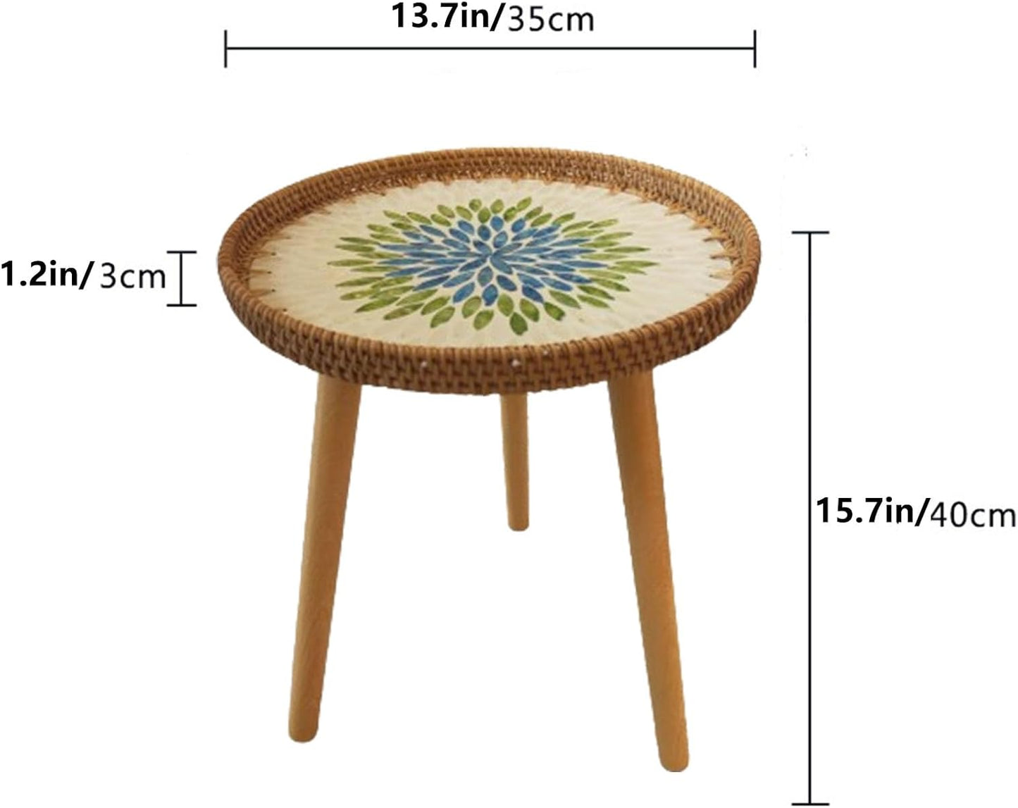 Rattan Round Side Table, Handmade Rattan Tray with 3 Legs, Mother of Pearls Inlay Coffee/Accent Table, Round End/Side Tables for Living Room, Bedrooms, Pedestal Plant Stand for Balcony