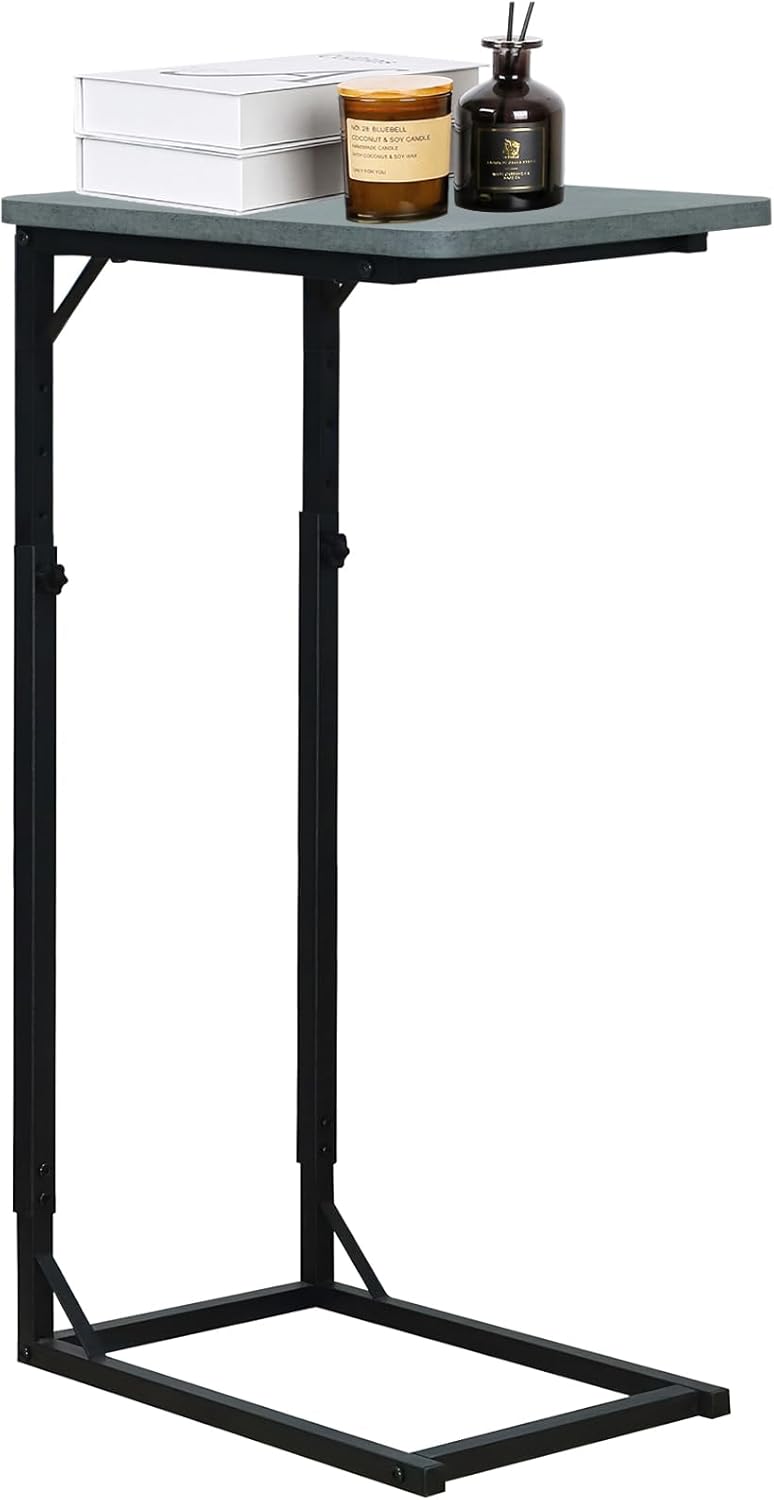 C-Shaped End Table for Couch, Adjustable Sofa Side Table with Sturdy Metal Frame, Small Space Rustic Gray TV Tray Table for Living Room, Bedroom, Bedside, Modern Functional Accent Furniture