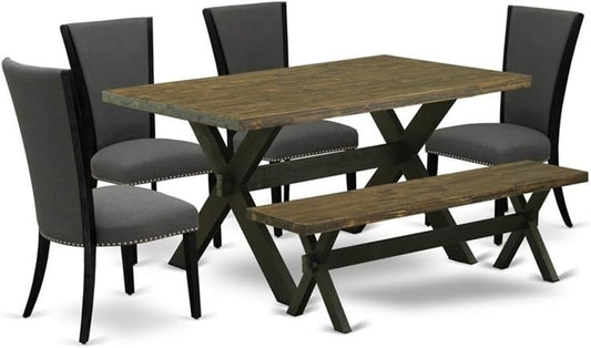 East West Furniture X676VE650-6 6 Piece Dining Set Contains a Rectangle Dining Room Table with X-Legs and 4 Dark Gotham Linen Fabric Parson Chairs with a Bench, 36x60 Inch, Multi-Color