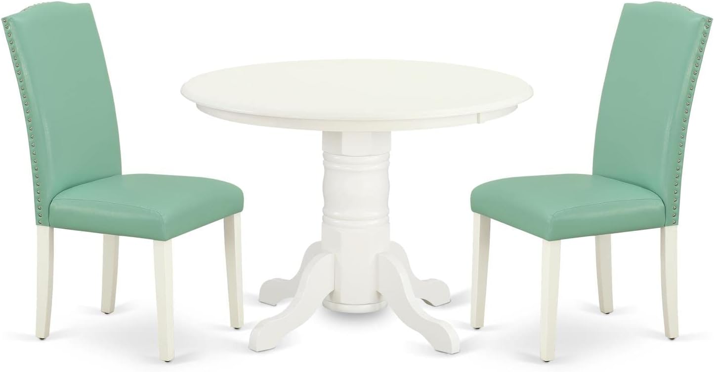 East West Furniture SHEN3-LWH-57 3 Piece Kitchen Table & Chairs Set Contains a Round Dining Room Table with Pedestal and 2 Pond Faux Leather Parsons Dining Chairs, 42x42 Inch, Linen White