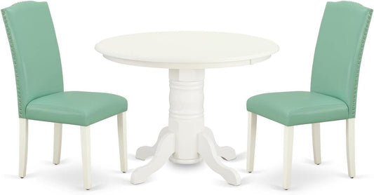 East West Furniture SHEN3-LWH-57 3 Piece Kitchen Table & Chairs Set Contains a Round Dining Room Table with Pedestal and 2 Pond Faux Leather Parsons Dining Chairs, 42x42 Inch, Linen White