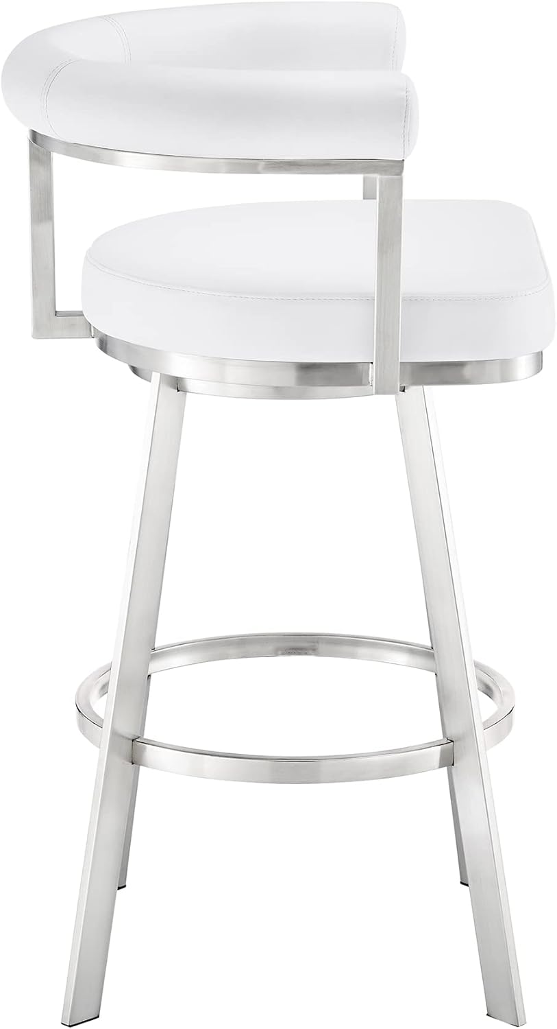 Armen Living Magnolia Swivel Bar Stool in Brushed Stainless Steel with White Faux Leather