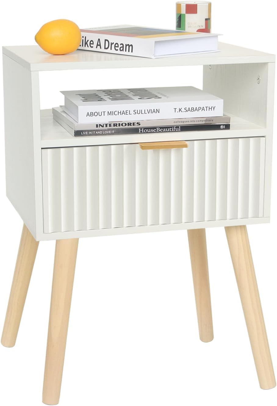 Night Stand, White Bedside Table with Drawers and Open Shelf, Fluted Nightstand with Solid Wood Legs for Bedroom, Dorm and Small Space (White)