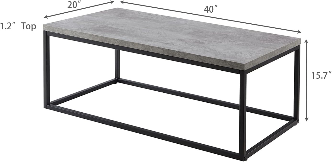 CENSI 40-Inch Concrete Accent Coffee Table Ottoman for Living Room, Rectangle, Mid-Century Modern Industrial Style, Extra Thick Top, Wood and Metal (Grey Marble)