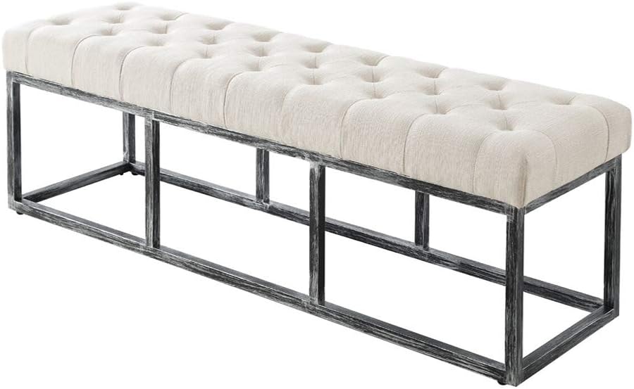 24KF Upholstered Tufted Long Bench with Metal Frame Leg, Linen Bench Ottoman with Padded Seat-Ivory