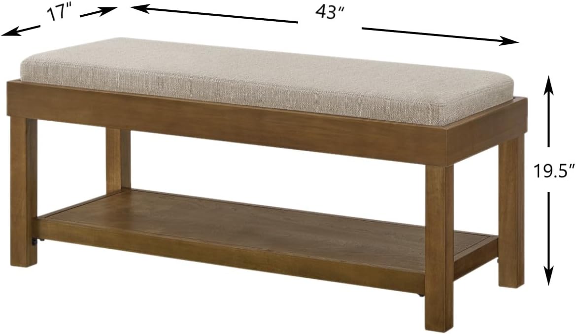 24KF Large Rectangular Storage Bench,Upholstered Seat Cushion,Ottoman Coffee Table with Linen Removable Cushion for Living Room,Entryway Bench Bed Bench with Solid Wood Shelf,5069-Linen