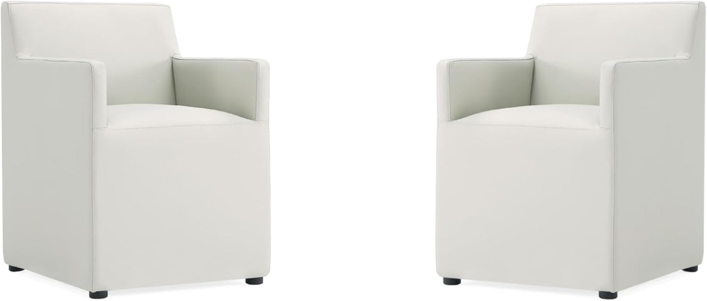 Manhattan Comfort Anna Square Modern Dining Chair with Arms, Head-to-Toe Faux Leather Upholstered Accent Armchair with Plastic Foot Padding, Set of 2, Stone Grey