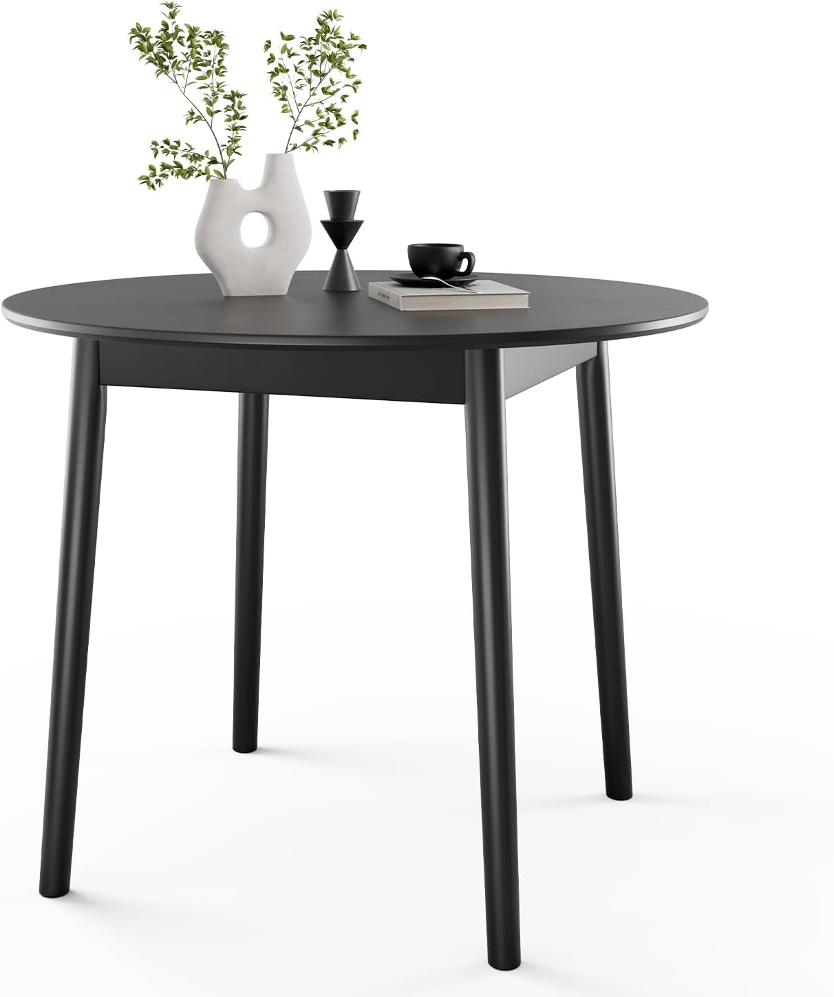 DELAVIN 31.5" Solid Wood Round Dining Table for 4, Mid Century Small Kitchen Table for 2-4, Modern Office Table for Living Room, Dining Room, Dinette, Easy Assembly, Space Saving, Black