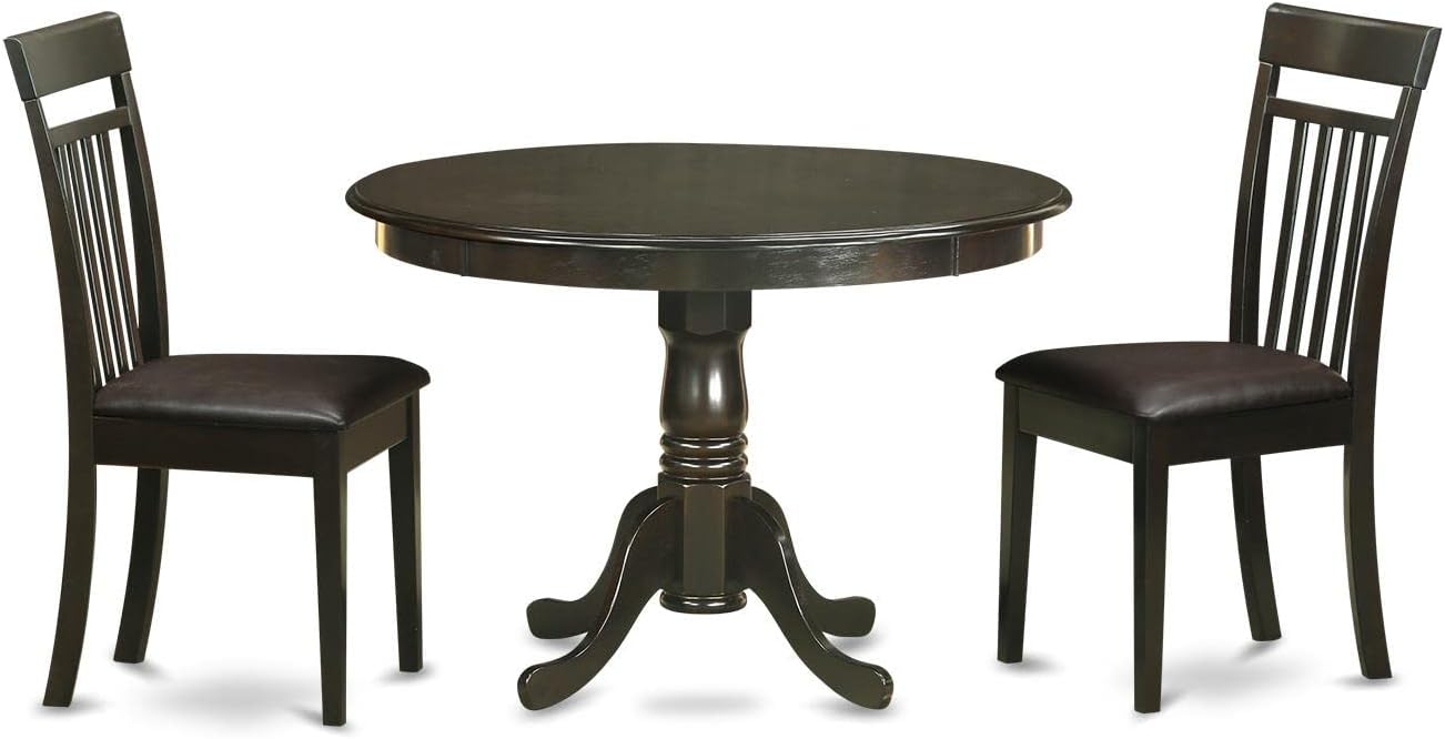 East West Furniture HLCA3-CAP-LC 3 Piece Modern Dining Table Set Contains a Round Wooden Table with Pedestal and 2 Faux Leather Dining Room Chairs, 42x42 Inch, Cappuccino