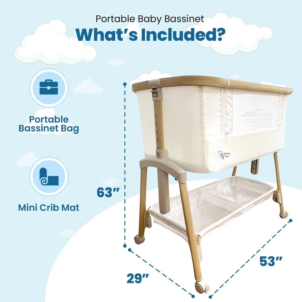 Baby Bassinet Bedside Sleeper, Portable Crib for Newborns, Adjustable 7-Height Auto-Lock, with Wheels, Soft Mattress & Breathable Mesh