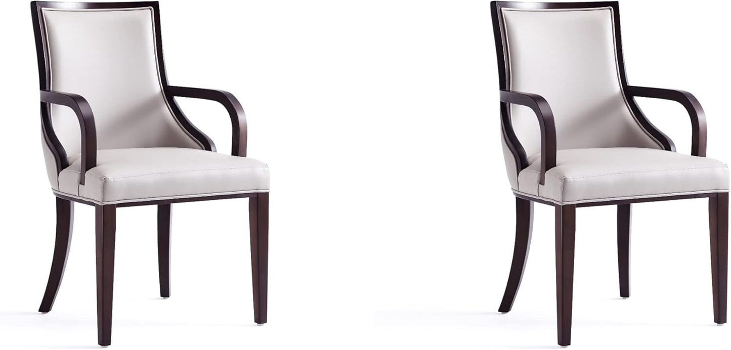 Manhattan Comfort Grand Faux Leather Dining Chairs with Arms, Padded Wingback Seat, Fine Rectangular Stitching and Solid Wood Frame, Set of 2, Light Grey