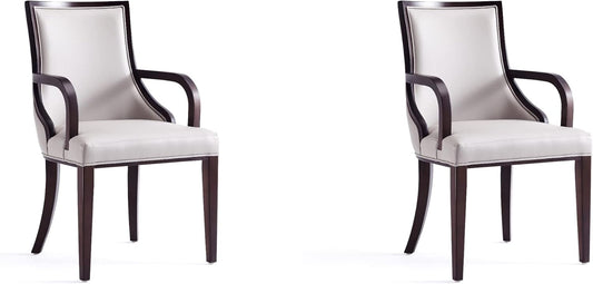 Manhattan Comfort Grand Faux Leather Dining Chairs with Arms, Padded Wingback Seat, Fine Rectangular Stitching and Solid Wood Frame, Set of 2, Light Grey