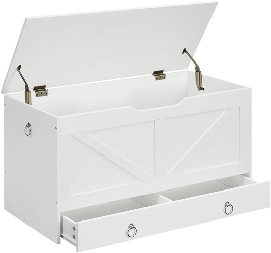 HOOBRO Storage Chest, 39.3" Toy Chest with Drawer, Wooden Storage Bench, Sturdy Entryway Bench Supports 220 lb, Shoe Bench, Safety Hinge, U-Shaped Opening, Easy Assembly, White WT710CW01G1