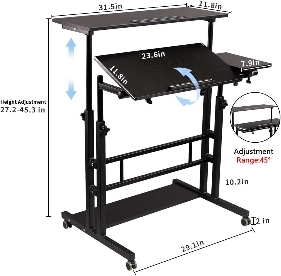 Hadulcet Mobile Standing Desk, Rolling Table Adjustable Computer Desk, Stand Up Laptop Desk Mobile Workstation for Home Office Classroom with Wheels, Black