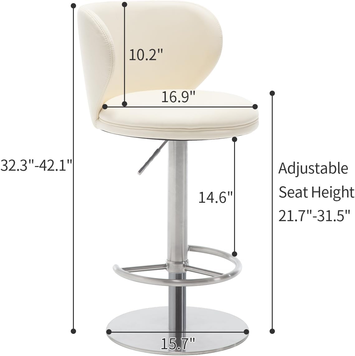 Black Titanium Stainless Steel Bar Stools,Grade Modern Leather Bar Chair with Backrest,Swivel Adjustable Height for Kitchen Counter and Dining Room (White Leather-2pcs)