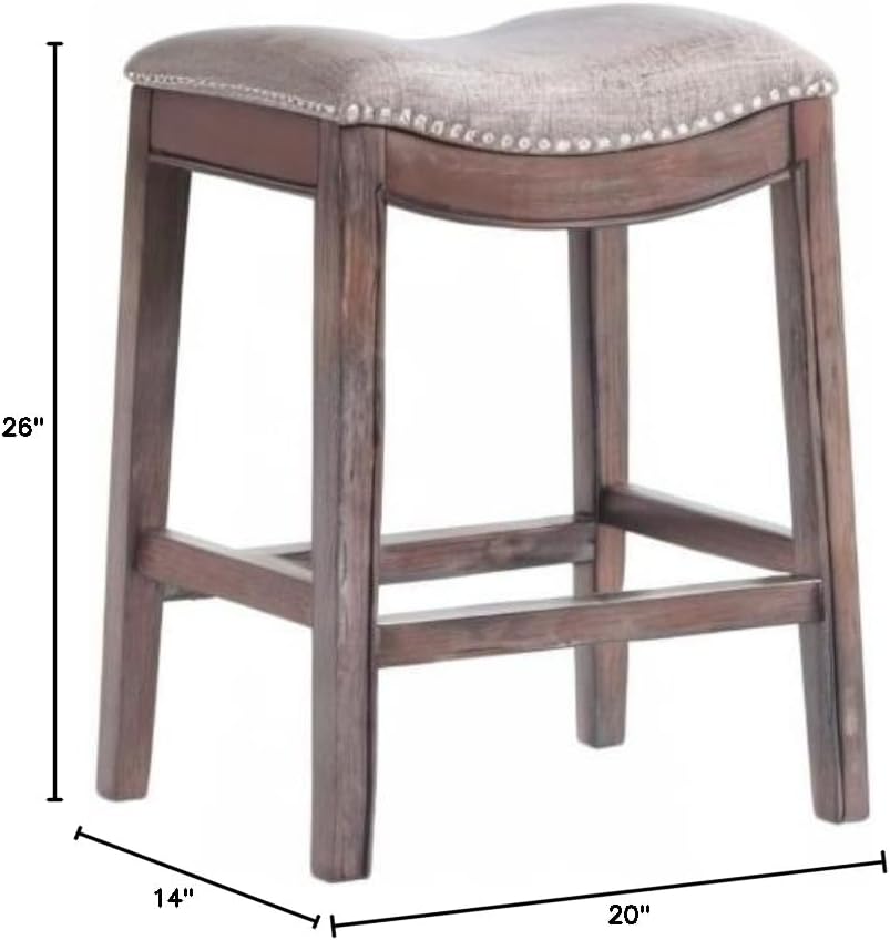 Williston Dark Brown Wood Counter Height Stool Set of 2, 18.25 in. W Seat with Linen-Like Fabric & Silver Satin Nail Heads, Kitchen Furniture Bar Stools w/Solid Rubberwood Frame & Metal Kick Plate