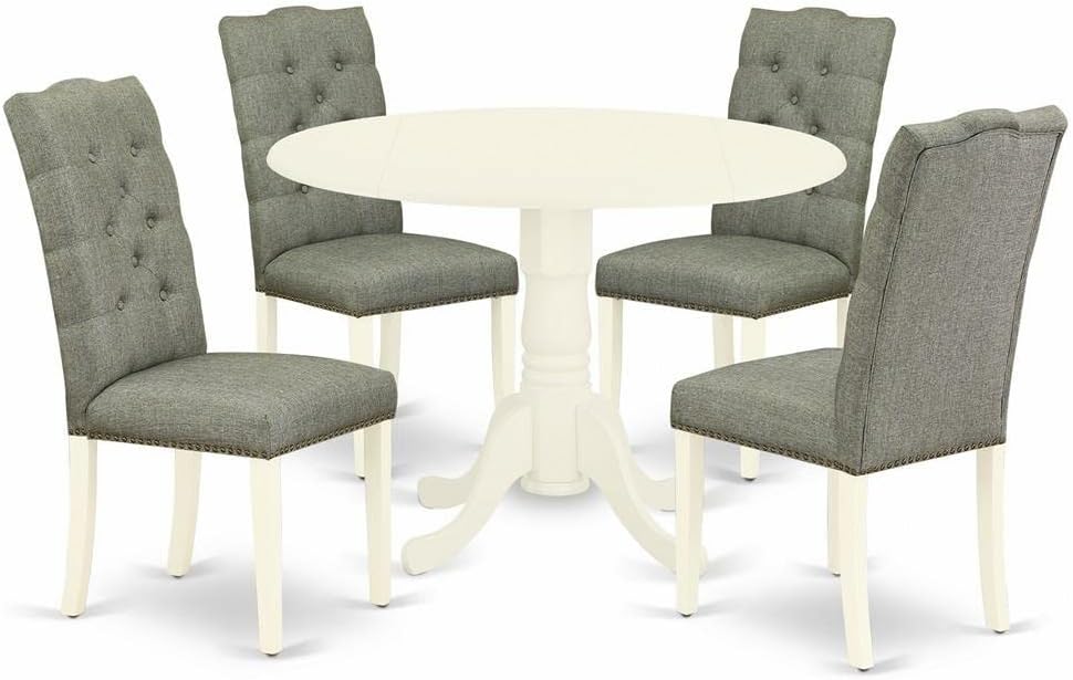 East West Furniture DLEL5-WHI-07 5 Piece Dining Room Table Set Includes a Round Dining Table with Dropleaf and 4 Gray Linen Fabric Upholstered Parson Chairs, 42x42 Inch, Linen White