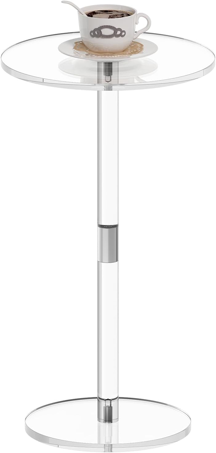 HMYHUM Acrylic Drink Table for Small Spaces, 11.8" L x 11.8" W x 21.3" H, Clear Pedestal Side Table for Living Room, Round, Easy Assembly