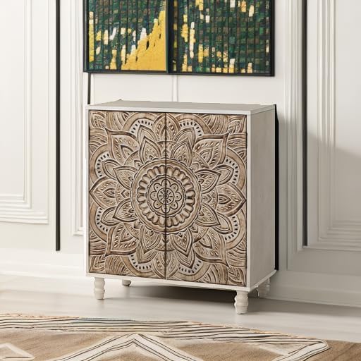 COSIEST 32" W Sideboard Buffet Cabinet with Storage, Accent Cabinet with 2 Push-to-Open Magnetic Doors, Vintage MDF Buffet Table for Living Room, Kitchen, Hallway (Gray,Lotus Pattern)