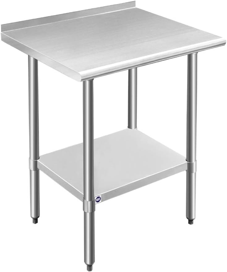 ROCKPOINT Stainless Steel Table for Prep & Work with Backsplash 24x30 Inches, NSF Metal Commercial Kitchen Heavy Duty Table with Adjustable Under Shelf and Table Foot for Restaurant, Home and Hotel