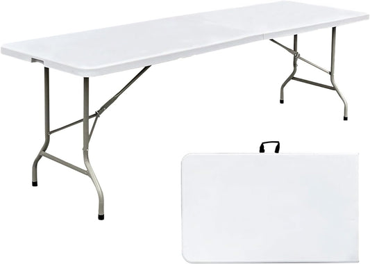 8 Foot Folding Table 96 inch Heavy Duty 8ft Plastic Portable Foldable Table with Handle Indoor Outdoor White 8' Dining Table for Picnic, Party and Camping