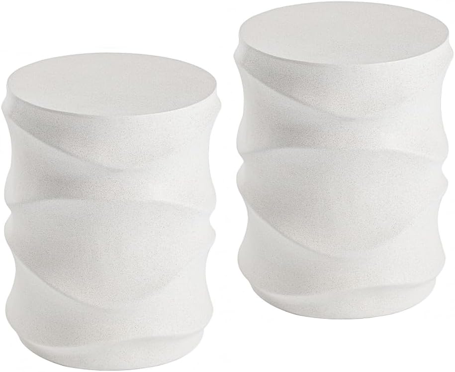 COSIEST Set of 2 Outdoor Side Table, 2 Pieces Concrete Side Table for Patio, Streamlined Lightweight Accent Table, Decorative Patio Garden Stools, Plant Stand Drum Table, Round, Spotted White