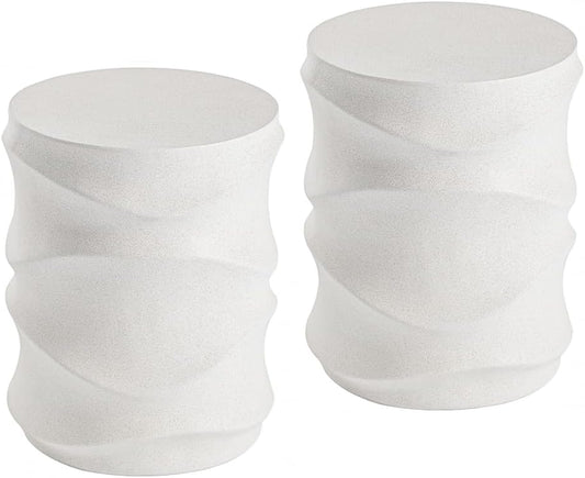 COSIEST Set of 2 Outdoor Side Table, 2 Pieces Concrete Side Table for Patio, Streamlined Lightweight Accent Table, Decorative Patio Garden Stools, Plant Stand Drum Table, Round, Spotted White