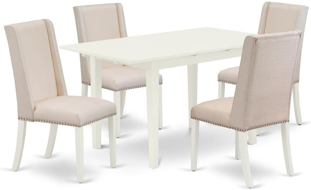 East West Furniture NOFL5-LWH-01 5 Piece Modern Dining Table Set Includes a Rectangle Wooden Table with Butterfly Leaf and 4 Cream Linen Fabric Upholstered Chairs, 32x54 Inch, Linen White