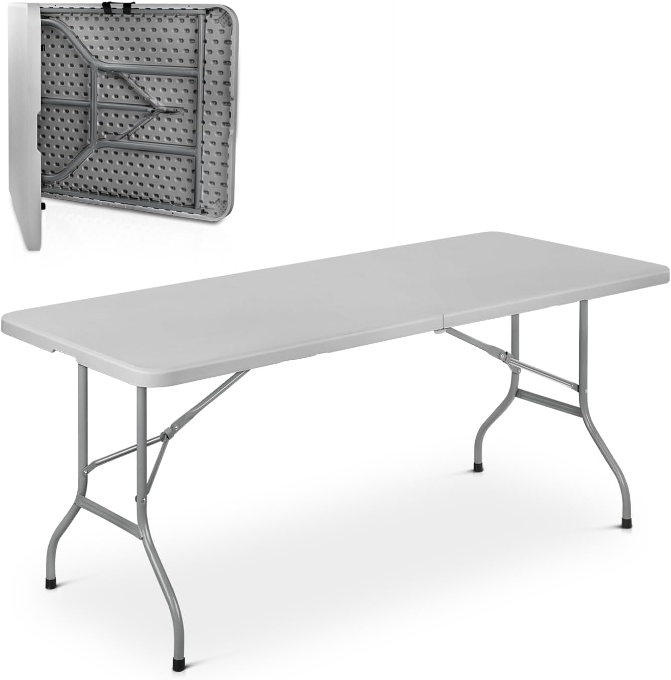 Athena Collection 6 ft Square Folding Dining Table, Large Plastic Foldable Table Portable with Carry Handle, Heavy Duty Fold-in-Half Utility for Indoor Outdoor Party Camping Picnic, Grey
