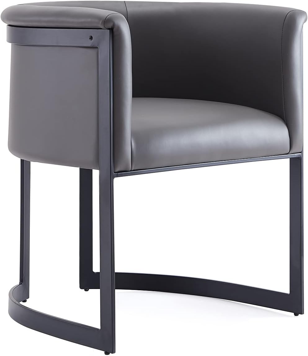 Manhattan Comfort Corso Faux Leather Upholstered Dining Chair, Barrel-Style Foam Padded Seat, Unique Geometric Metal Frame, Fully Assembled Accent Furniture, Grey