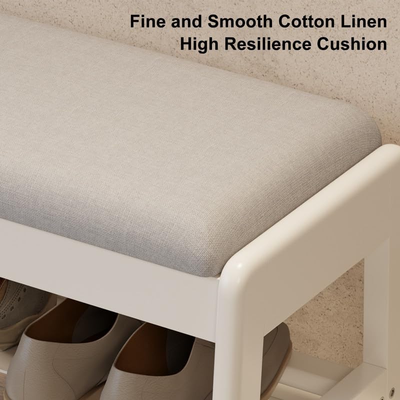 Small Shoe Bench with Cushion,2 Tiers Shoe Rack Bench with Flip-Top Storage,Wood Shoe Rack for Entryway（White,23.62"）