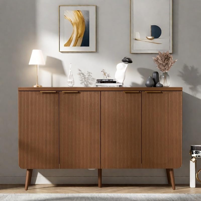 47.2" Buffet Cabinet with 4 Doors, Accent Sideboard Cabinet with Adjustable Shelf, Dining Room Sideboard with Waveform Panel, Credenzas for Living Room, Hallway, Walnut