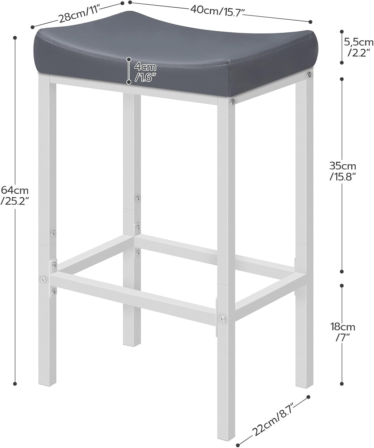 HOOBRO Bar Stools, Set of 2 Counter Height Saddle Chairs, 24.8 Inches, 2.4" Thick Upholstery, White and Gray WG10BY01