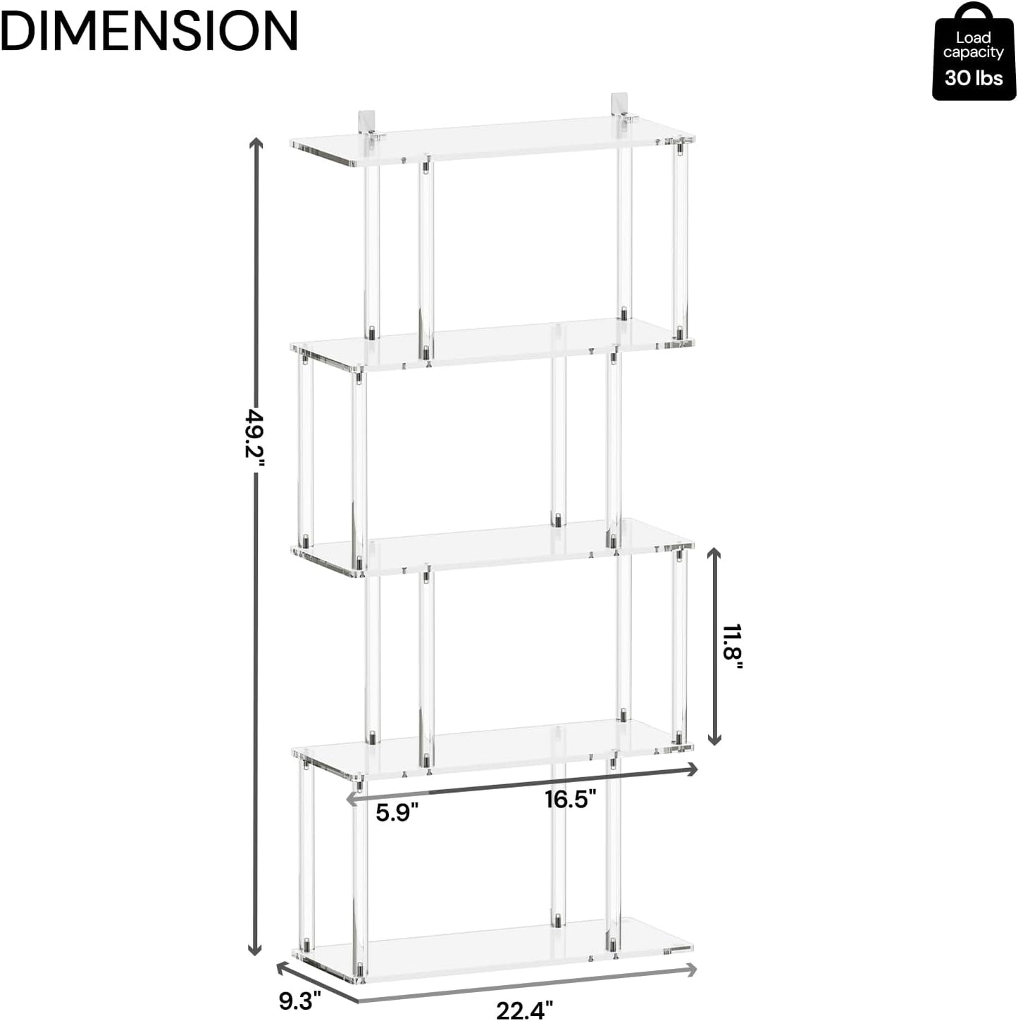 Acrylic Geometric Bookshelf, 5-Tier Clear S Shaped Bookcase, Modern, Unique Book Shelf for Living Room, Bedroom, Office, 9.3" D x 22.4" W x 49.2" H, Easy Assembly