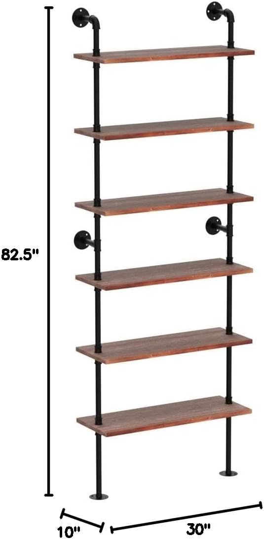Pipe Industrial Shelves, Wall Mounted Wood Metal Ladder Rustic Bookshelf (Weathered Brown, 6 Tier - 10" D x 30" W x 82.5" H)