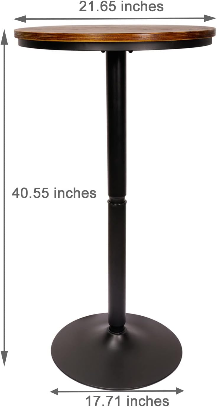 Round Bar Height Bistro Pub Table - Natural Wood Top, Heavy Metal Frame, 21.7 Inch Top, 40.5 Inch Height