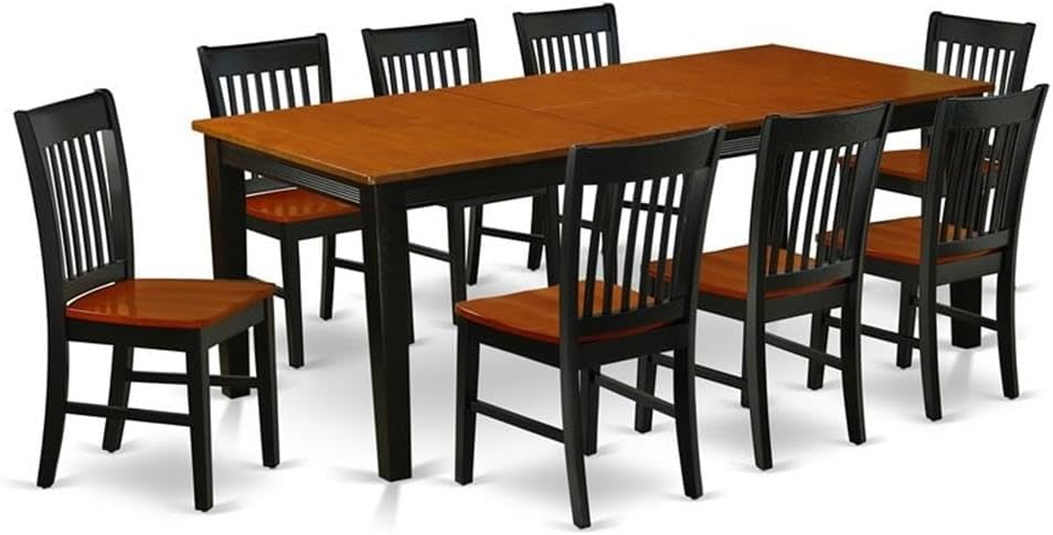 East West Furniture QUNO9-BCH-W 9 Piece Dining Set Includes a Rectangle Dining Table with Butterfly Leaf and 8 Kitchen Chairs, 40x78 Inch, Black & Cherry