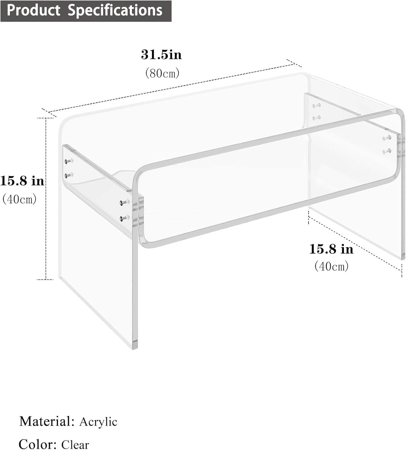 2-Tier Acrylic Coffee Table, Side End Table with Storage Shelf, Modern Center Table for Living Room, Office, Bedroom, Home Small Space, Easy Assembly (Clear)