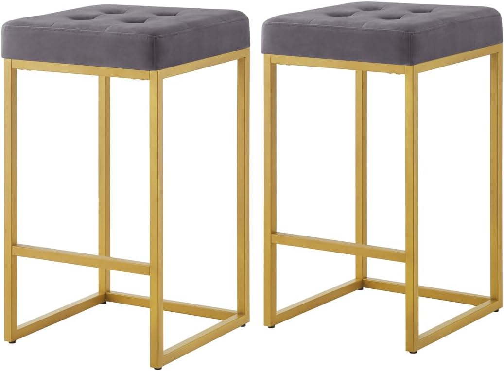 24KF Contemporary Counter Height Bar Stool Set of 2 for Kitchen Island, 26" H Velvet Padded Gold Barstool Bar Chair,5066-Dark Gray