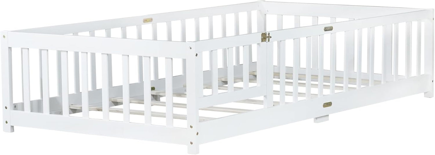 Twin Floor Bed with Slats and Center Support Bar, Wood Montessori Floor Bed with Fence and Door, Kids Montessori Bed Twin Size, Twin Size Montessori Floor Bed for Kids, Girls, Boys(Twin White)