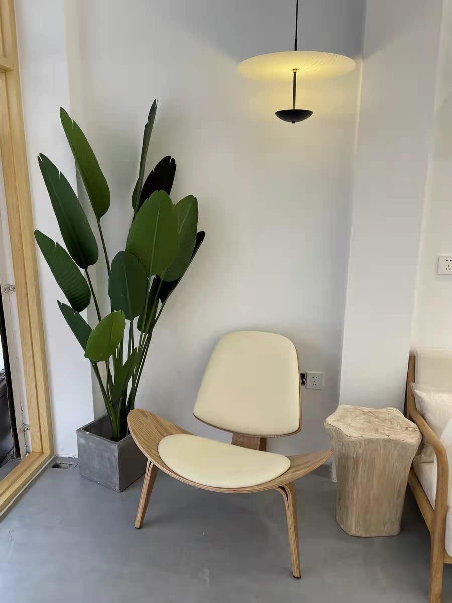 Hans Wegner Style Three- Legged Shell Chair Ash Plywood White Faux Leather Accent Chair Living Room Furniture Mid-Century Modern Shell Chair (Wood Color-White)