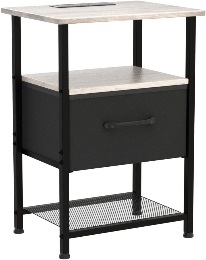 Nightstands Set of 2 with Charging Station and Drawer, End Table Bedside Table with 20 Colors LED Light Strip and 2 Layers Shelf for Bedroom Living Room Sofa (Grey)