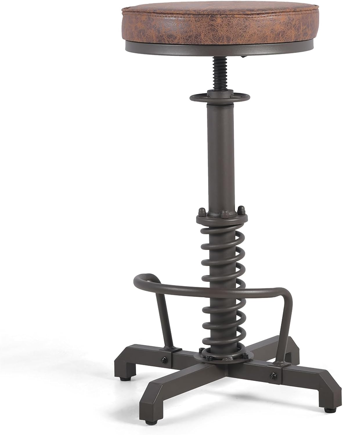 American Antique Steampunk Bar Stool 24.41"-28.35" Vintage Industrial Adjustable Swivel Backless Counter Stool for Home, Dining, Breakfast, Pub, (Heavy Duty Metal & Faux Leather, Brown & Maroon Top)