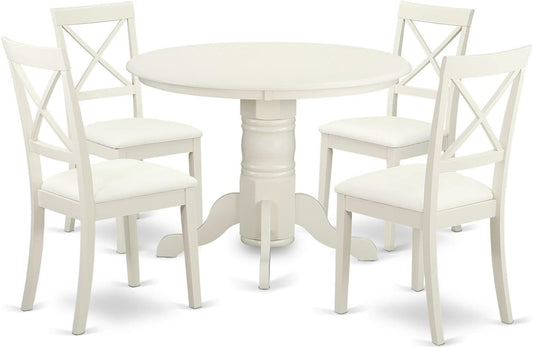 East West Furniture SHBO5-WHI-LC 5 Piece Kitchen Table Set for 4 Includes a Round Dining Room Table with Pedestal and 4 Faux Leather Upholstered Dining Chairs, 42x42 Inch, Linen White